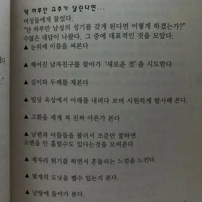 단 하루만 남성의 성기가 생긴다면 여성들이 하고 싶은 일