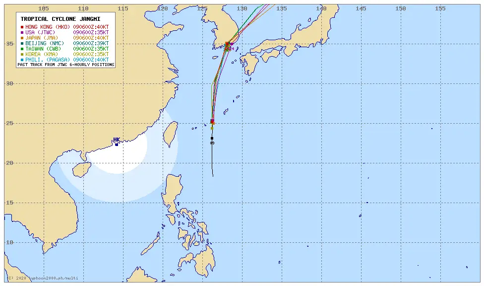 [7개국 기상청] 오후 4시, 태풍 5호 '장미' 예상 경로 및 관측자료