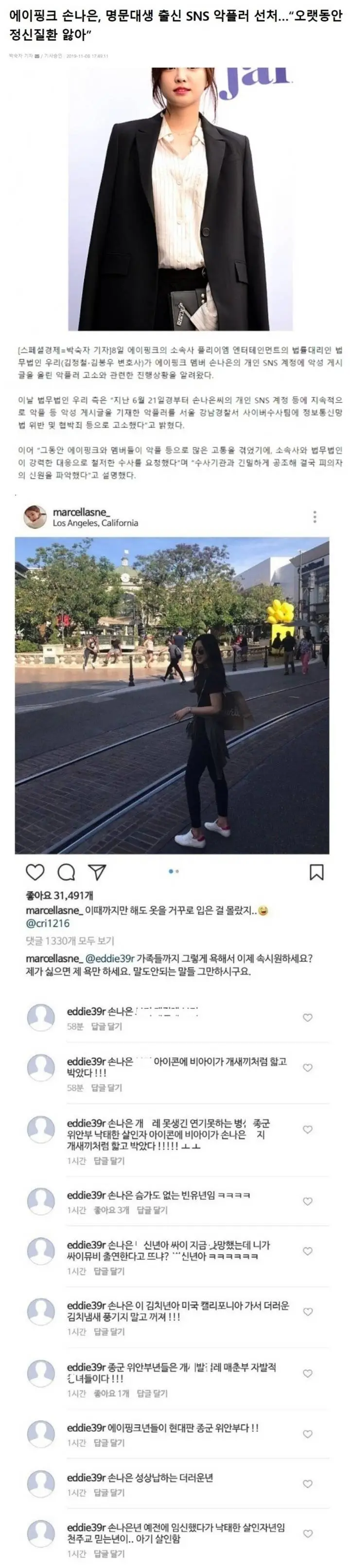 손나은이 선처해줬다는 악플수위