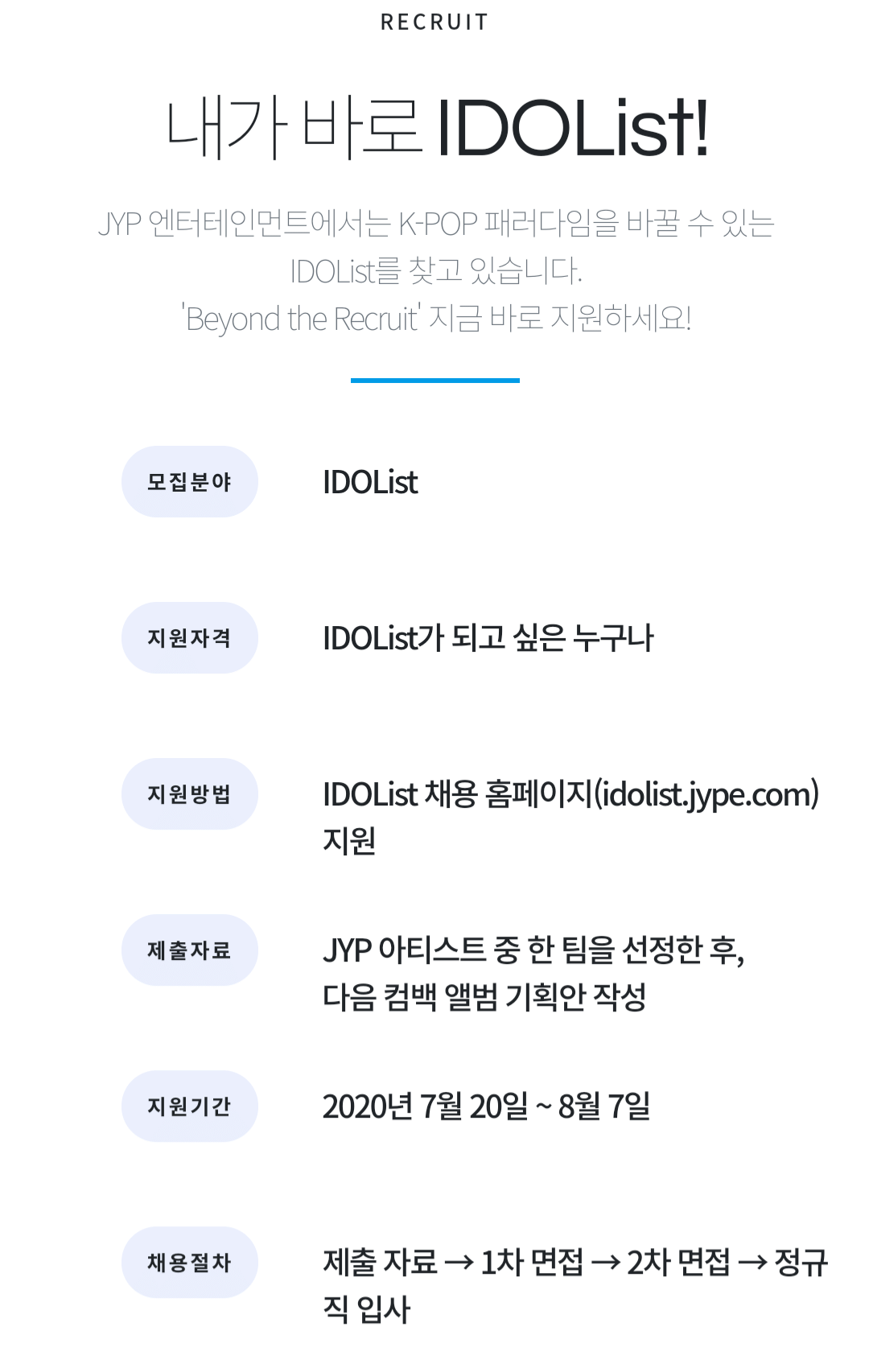 JYP의 <아이돌 전문가> 모집 공고 (정규직 채용)