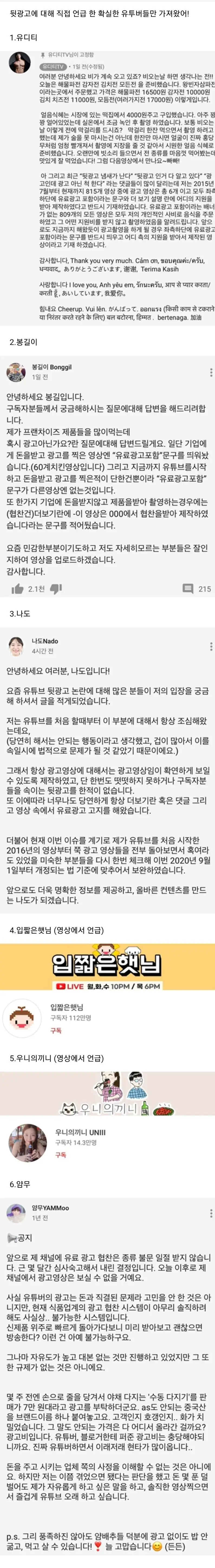 [펌]뒷광고 '안 한' 유투버 정리