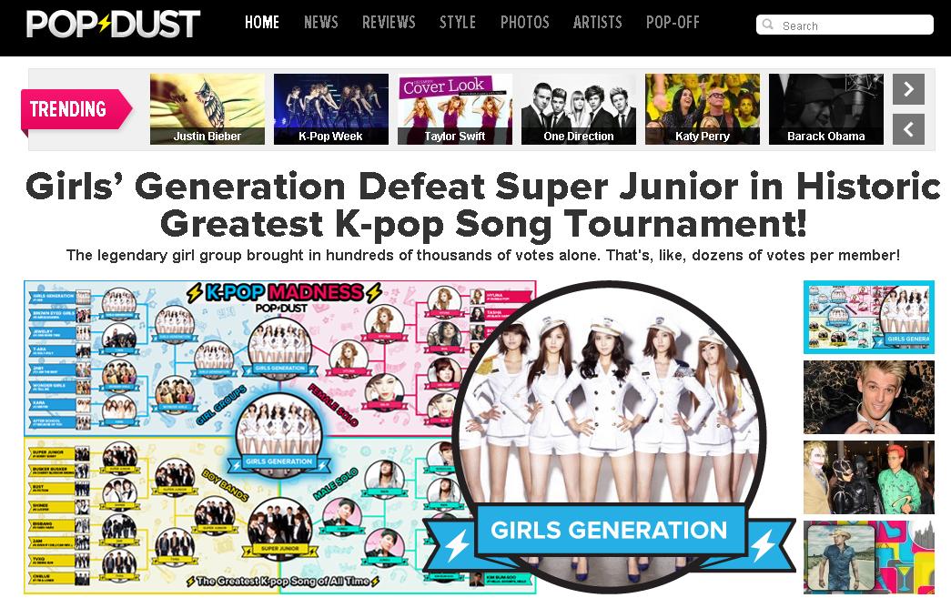 소녀시대(Girls' Generation) K팝 토너먼트 1위, 팝더스트 홈피 장식