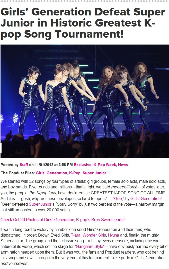 소녀시대(Girls' Generation) K팝 토너먼트 1위, 팝더스트 홈피 장식