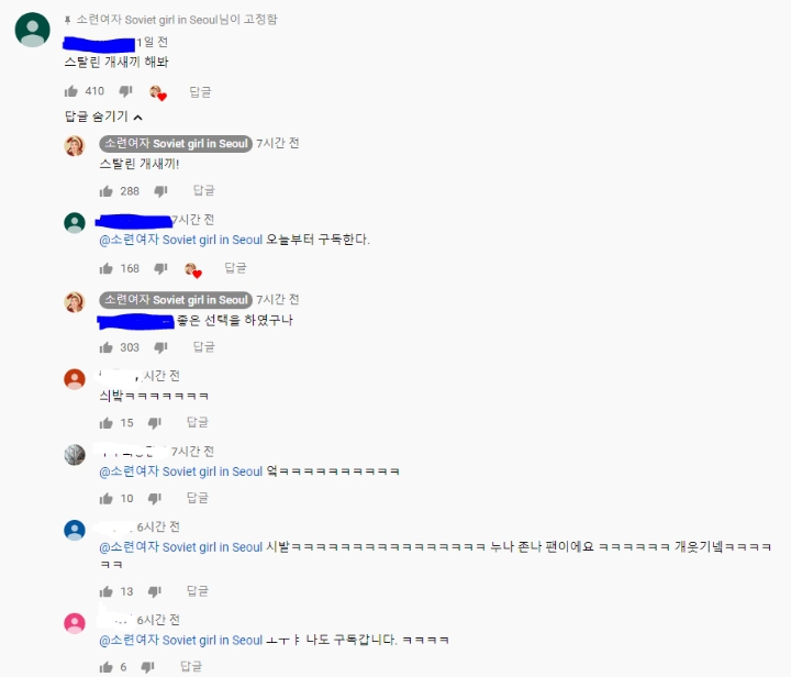 유튜버 소련여자 댓글 근황