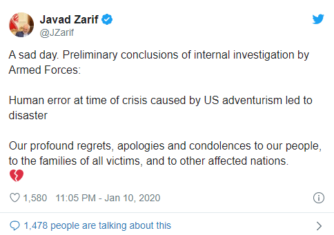 이란 외무부 장관 공식 사과 트윗