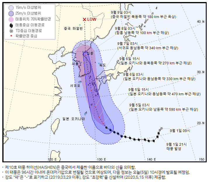 태풍 하이선 일본 남서부 접근…최대 순간풍속 70ｍ