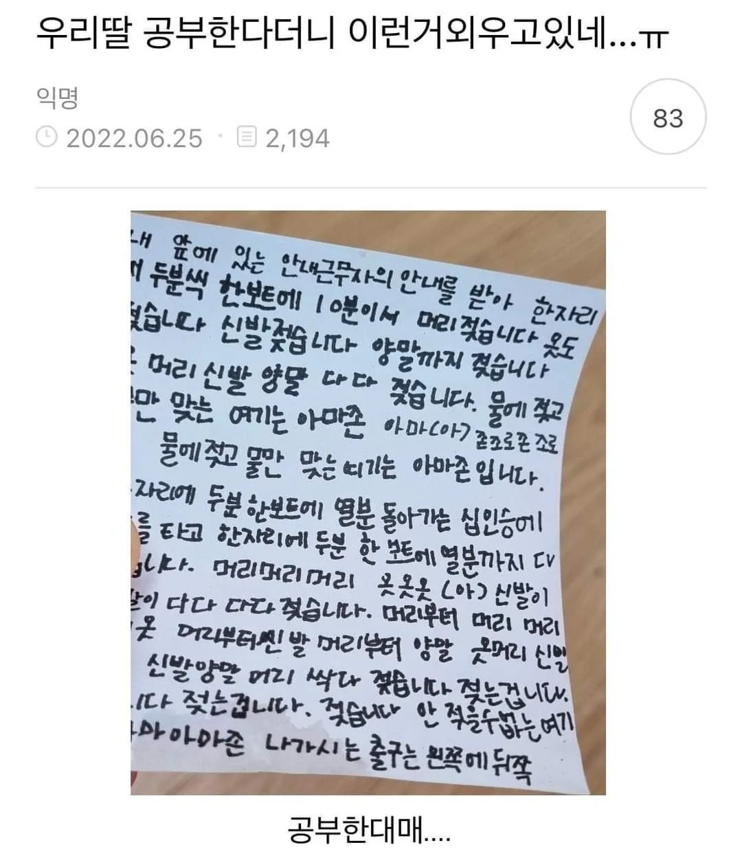 공부한다던 초등학교 3학년 딸