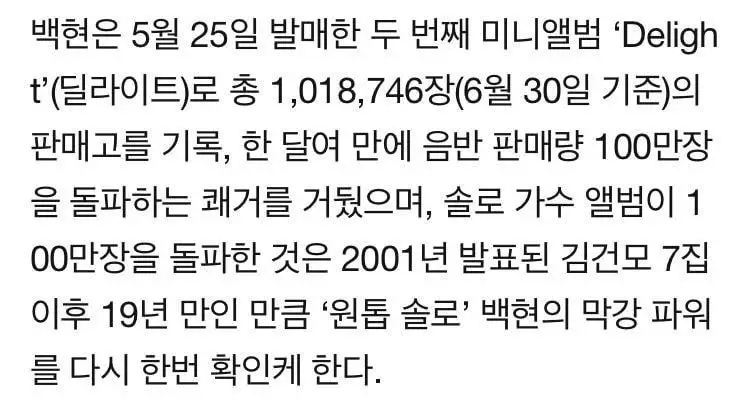 #엑소 백현, 그룹 이어 솔로도 '밀리언셀러' 등극…서태지 이후 20년만